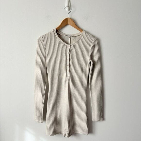 Zara Ribbed Knit Long Sleeve Jumpsuit Romper Cream Blogger Fav Sz Medium - Picture 8 of 11